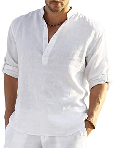 PADOLA Hombre Camisas Lino T-Shirt Suelta Manga Larga Casual Top Color Sólido Camisa de Verano Regular Fit Respirable Henley Camisas Casual (1 Blanco 2XL)