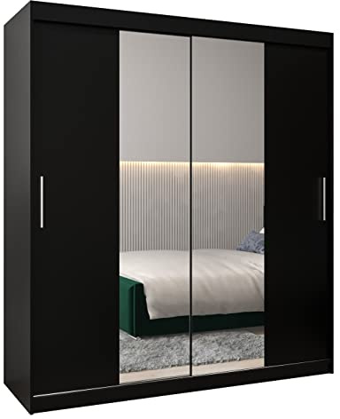ABIKSMEBLE Tokio 1 180 Armario 2 Puertas Correderas para Dormitorio - Armario Moderno con Espejo, Barra y Estantes - 180x200x62 cm (Ancho x Alto x Fondo) - Negro Mate