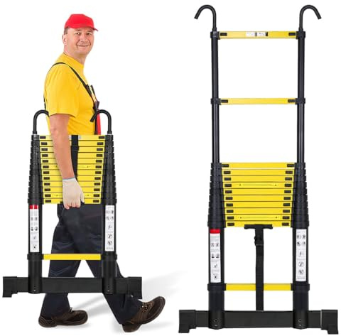Cecaylie Teleskopleiter 3,8M Aluminium Mehrzweckleiter mit 2 Abnehmbarem Haken, Leiter Teleskop-Design, 150 kg/330 Pfund Belastbarkeit, Stehleiter Rutschfester, Schwarz