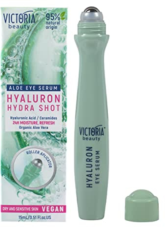 Victoria Beauty Hyaluron Augen Roll On kühlend, Ceramide Augenserum gegen Falten und Augenringe, Augenroller mit Hyaluronsäure, Bio Aloe Vera und Niacanimide, Anti Aging Augencreme, Augenpflege, 15ml