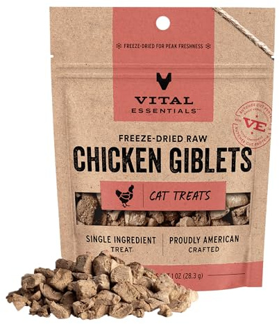 Vital Essentials Freeze Dried Cat Treats | Chicken Giblets, Single Protein | Premium Quality | Grain Free, Healthy Treats for Cats, 1 oz Bag