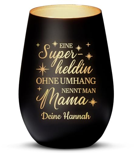 Love Faith Superheldin Windlicht Schwarz/Gold- Personalisiertes Windlicht für Teelichter mit Namen-Gravur - Geschenk für Mama zum Muttertag