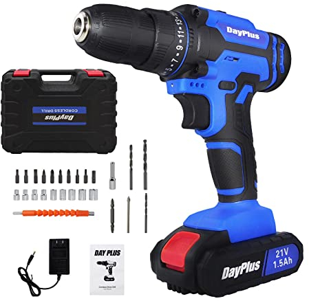Akku-Bohrschrauber Akkuschrauber Set 21V mit LED Licht (1 Akku, 1.5 Ah, Max. Drehmoment: 45Nm, 25+1 Drehmomentstufen, 26-tlg. Zubehör-Set) Profi-Koffer, Blau