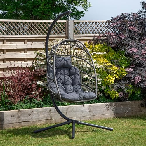 Samuel Alexander Grey Hanging Egg Chair With Stand Waterproof Cover And Cushions Steel Frame Rattan Outdoor Swing Chair Garden Seat Hammock Balcony Conservatory Furniture