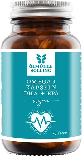 ÖLMÜHLE SOLLING - Omega 3 Kapseln | Omega 3 aus Algenöl mit Tagesdosis von 300 mg DHA & 150 mg EPA | Vegane Alternative zu Fisch. Für Herz, Augen und Gehirn | 70 Gelkapseln aus Tapiokastärke