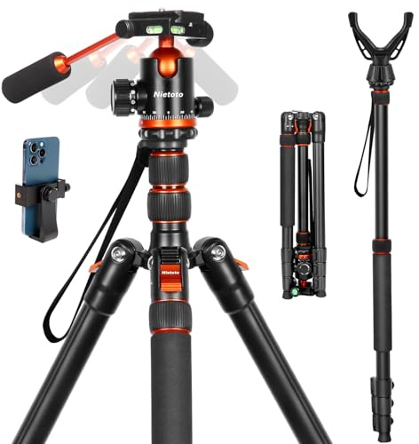 Nietoto 68 Ball Head Camera Tripod & Monopods, 360° Smooth Rotation V-Yoke Rifle Shooting Tripod & Hunting Stick, Heavy Duty Tripod for Camera and Outdoor Hunting with 16.5 Min Size and Carry Bag