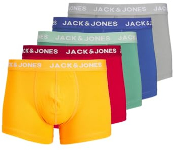 JACK & JONES Men's Jaclarry Solid Trunks 5 Pack Boxer Shorts, Tango Red/Pack:True Blue-Gold Fusion-Bottle Green-Chiseled Stone, XL