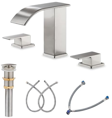 AVSIILE Waterfall Bathroom Faucet 3 Hole, Brushed Nickel 8 Inch Widespread Modern 3 Piece Bathroom Sink Faucet, Touch On Lavatory Faucet for Vanity RV Restroom, Curved Spout