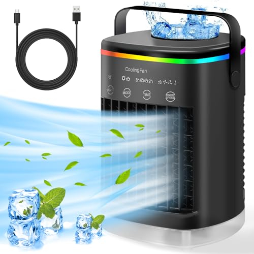 Mobile Klimaanlage, 4-IN-1 Mini Klimaanlage Ventilator mit 4 Windgeschwindigkeiten & 7 Farben Licht, 2 Nebelmodi & 2-8 Timer, Mobiles Klimagerät für Büro, Schlafzimmer und Außenbereich