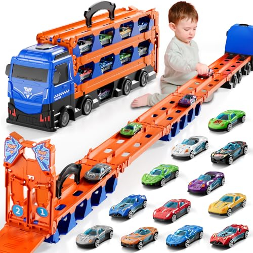 Doloowee Katapulttriebwagen für Kinder Ab 3 Jahre - Tragbare Transport LKW Mit 12 Mini-Rennwagen, Autotransporter für Jungen im Alter von 3-7 Jahren