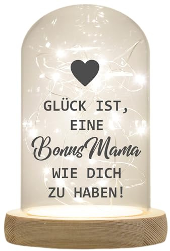 WB Wohn Trends LED-Glaskuppel - Glück Ist Eine Bonus-Mama Wie Dich Zu Haben - 16,5x11cm Glasglocke Mit LED-Licht, Holz-Fuß und Text Spruch