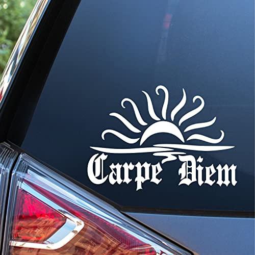Sunset Graphics & Decals Carpe Diem SGD000284 - Calcomanía de vinilo para coche, senderismo, camping, coches, camiones, furgonetas, paredes, laptop, color blanco, 6 x 2.75 pulgadas