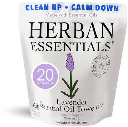 Herban Essentials - Lavender Wipes & Towelettes - Essential Oil Wipes for Make Up, Hands, Face & Body - Travel Size Essentials and Toiletries - Natural, Individually Wrapped and Disposable (20 count)