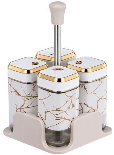 TINMIX Revolving Spice Rack Organizer, Countertop Seasoning Holder with 4 100ml Glass Square Jars, Modern & Fashion, White-Gold Crack