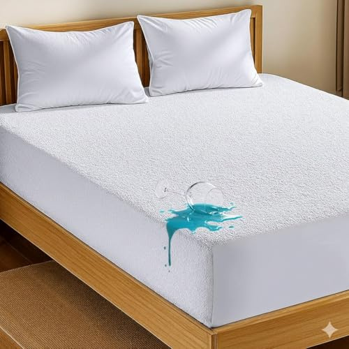 4AS Terry Towel Waterproof Mattress Protector – Super Absorbent & Aloe Vera Treated with Deep 30cm Fitted Skirt for Extra Comfort – Double Mattress Protector (138x190+30 cm)