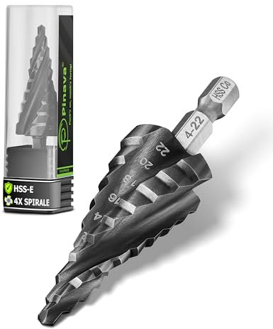 Pinava® Stufenbohrer HSS Cobalt Pro 4XSPIRAL [Schneller, Präziser, Langlebiger] Ø 4-22mm - Profi Kegelbohrer für Edelstahl, Metall, Holz, Kunststoff - Blech-Schälbohrer Extrem Scharfer Edelstahlbohrer