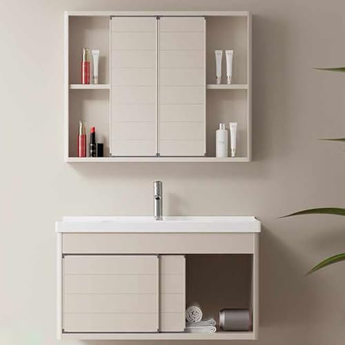 Gtzly Waschbecken mit Unterschrank, Praktisches Keramikwaschbecken mit Spiegelschrank, Freistehender Badezimmer-Waschtisch Zur Wandmontage for Badezimmer, WaschküChe, Wohnzimmer, Balkon(White,70CM)