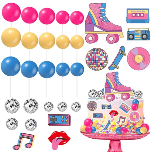 31pcs Skating Themed Cake Decoration Set, Roller Skate Cake Topper Retro Hip Hop Party Decorations Disco Ball Pastel Ball Cupcake Toppers 80s 90s Hip Hop Birthday Party Supplies