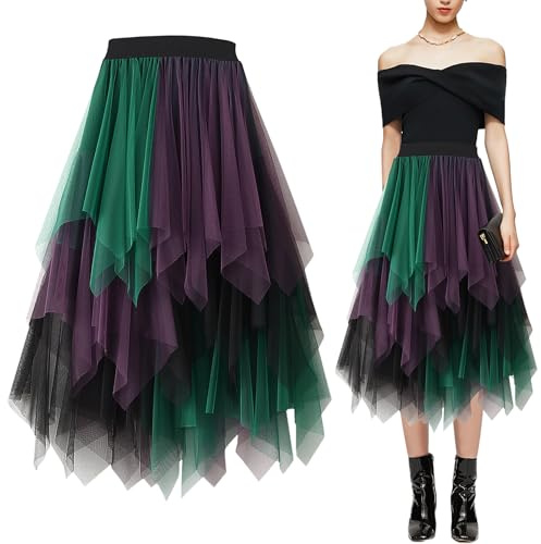 Baogaier Falda Tul Mujer, Elegante Tutu Cintura Elástica Midi Falda Irregular Bajo la Falda en Múltiples Capas Falda Plisado A-Line, Carnaval Fiesta Bodas Disfraz, Morado Verde Negro