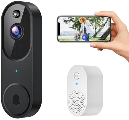 Kement Smart Video Doorbell Camera, Wireless Indoor/Outdoor Surveillance, AI Human Detection, 2-Way Audio, Night Vision, Live View, Doorbell Receiver, Cloud Storage, 2.4G WiFi