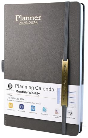 Diary 2025-2026 - 18 Month from Jul. 2025 to Dec.2026, A5 Week to View Diary, Weekly & Monthly Planner with Leather Cover, Pen Loop, Inner Pocket (Grey)