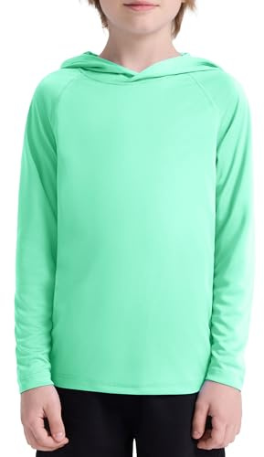 Boys' UPF 50+ Rash Guard Long Sleeve, Girls UV Sun Protection SPF Swim Hoodie, Youth Kids Lightweight Quick Dry Watersports Hooded Shirts for Outdoor Fishing Beach Green