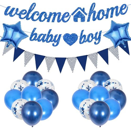 Lot de 22 bannières « Welcome Home » pour bébé garçon – Décorations de bienvenue bleues à paillettes – Ballons en latex pour fête prénatale, révélation du sexe, nouveau-né et anniversaire