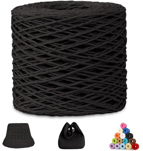 CAMAL Raffia Garn zum Häkeln, Papierdraht Bastband zum Basteln 1.5mm x 200m Raffia Bast Bunt Papiergarn zum Häkeln Von Taschen, Strandmütze, DIY Handarbeiten (Schwarz)