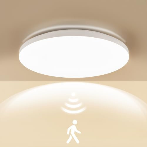 LEZOE Plafoniera LED con rilevatore di movimento 15W, 2050LM 136lm/W, Radar Lampada da soffitto con sensore di movimento, 4000K per bagno, magazzini, garage, scale, cantina, corridoio, balcone Ø25 cm