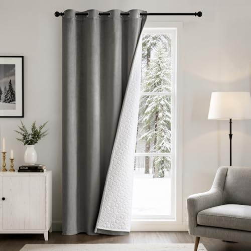 EMEMA Cortinas Perforadas Aislantes de Terciopelo para Invierno Cortina Opacas con Aislamiento Térmico de Doble Aapa para Dormitorios Salones y Cocinas, 1 Pieza H245 x B132cm,Gris