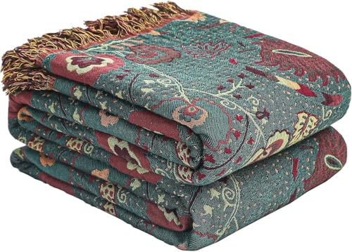 HOORDRY Boho Cotton Bed Throw Blanket with Dark Green,throws for sofas | Muslin Blanket Adult 230x250CM Ultra Soft Rustic Quilt for Farmhouse Decor, Sofa, Couch, Chair,RV - All Season
