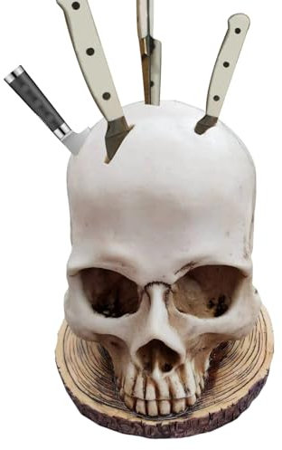 Porte-couteaux en forme de tête de mort | Bloc de couteaux effrayants d'Halloween | Support à couteaux squelette | Support de rangement de fruits gothique | Étagère de cuisine en résine pour affichage