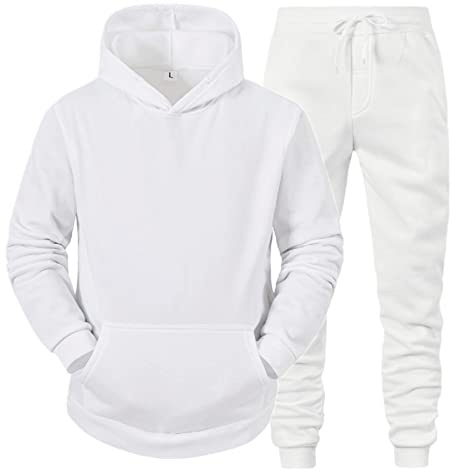 Generisch Jogginganzug Herren Tracksuit Langarm Hooded Sweatshirt Jogginghose Einfarbig Baumwolle 2 Teiliges Sets Trainingsanzug Männer Hoodie Sportanzug Jogging Anzug Set Weiß 5XL