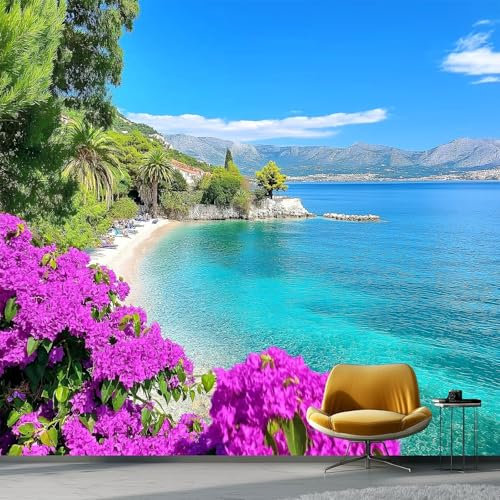 Carta da parati Modello Di Spiaggia, 250 x 175 cm Stile Isola Naturale Carta da parati fotografica personalizzata in tessuto non tessuto per soggiorno e cameretta dei bambini, Verde Acqua