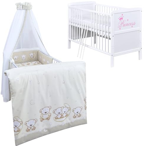 Generisch Baby Delux Babybett Komplett Set Kinderbett umbaubar zum Juniorbett weiß 70x140 Princess Bettwäsche mehrteilig (Teddy Mond beige)