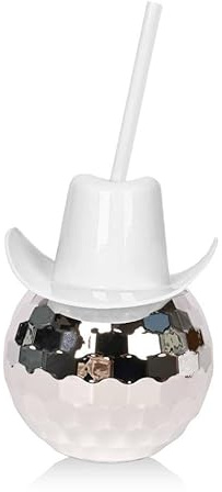 WREWING Disco Ball Cocktail Cups with Straws - Sparkling Party Cups with Cowboy Hat Design, Fun Flash Drinkware for Themed Parties & Celebrations