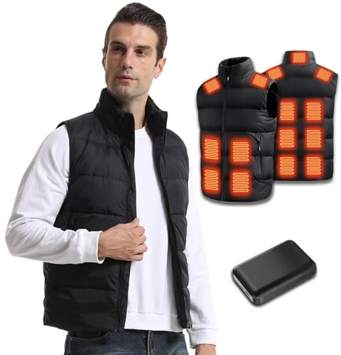 Ylightn Veste Chauffante avec Batterie, Gilet Chauffant, Double Commande Intelligente, Doudoune Chauffante Homme sans Manche pour Moto Chasse, Noir, 2XL EU