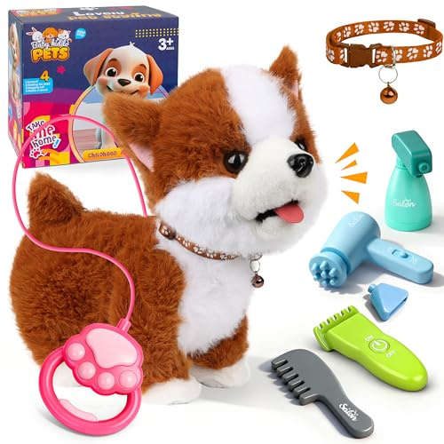 Charmofun Jouet Interactif Chien, Électronique Chien Jouet Enfant, Réaliste Chien Peluche avec Laisse de Contrôle, Musicale, Chien Interactif Qui Marche et Aboie pour Garçon Fille 3 4 5 Ans (Marron)