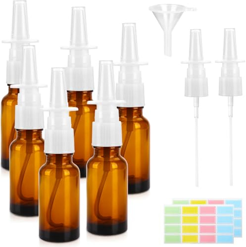 6 stycken 20 ml glas nässprayflaskor tomma – återanvändbara och påfyllningsbara sprayflaskor med munstycken, tratt, etiketter – för eteriska oljor, parfym, salin, gör-det-själv-hem (brun)