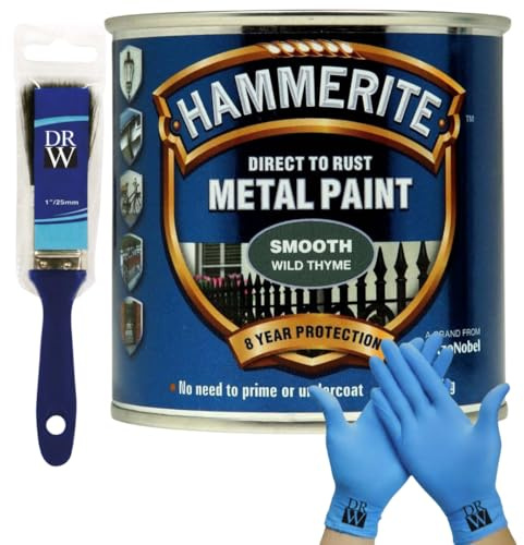 DRW Hammerite Direct to Rust Metal Paint Smooth Wild Thyme 250ml 1 Paint Brush & Free Nitrile Gloves | Durable Anti-Rust Protection for Indoor & Outdoor Metal