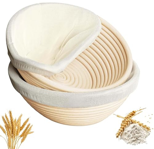 Homiely Sourdough Proofing Basket Set of 2 – 9 Round Banneton Bread Making Basket, Natural Rattan Dough with Linen Cloth Liners for Home Bakers