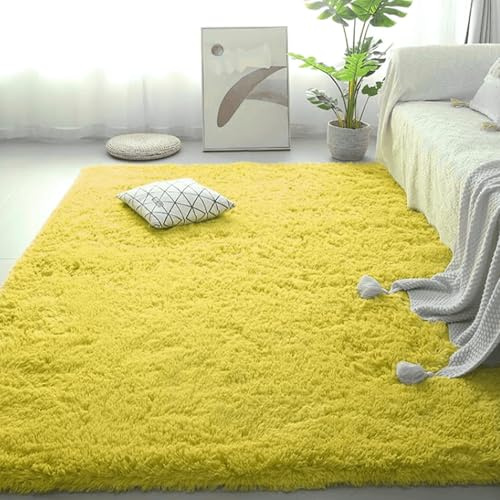 LIUJYUAN Shaggy Hochflor Teppich 140 x 230 cm Super Soft Felloptik Flauschiger Fellteppich Fell Imitat Kunstfell Pflegeleicht Und Robust für Schlafzimmer Kinderzimmer, Gelb