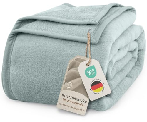 LAYNENBURG Premium Baumwolldecke 150x200 cm - Oeko-TEX 100 - Baumwollmix Kuscheldecke - Decke als Wohndecke, Sofa-Decke & Couchdecke - Wolldecke kuschelig-warm aus Baumwolle (eukalyptus)