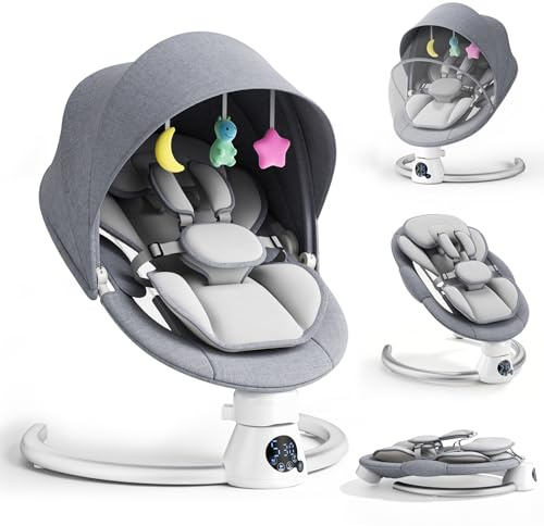 Hlieeosfcn Baby Bouncer, columpio eléctrico portátil para bebé con Bluetooth, 5 velocidades de swing, arnés de 5 puntos, control remoto y panel táctil (gris)