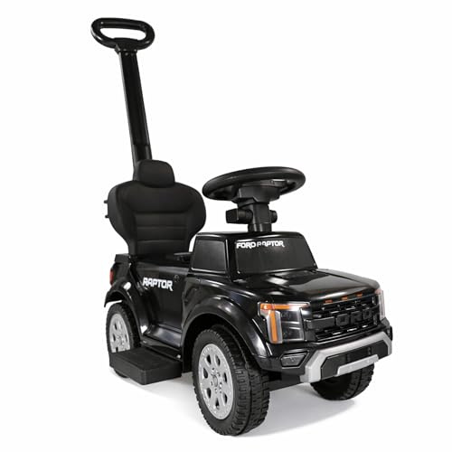 Lemodo Rutschauto Ford F-150 schwarz mit Schiebestange, Kinderfahrzeug aus Kunststoff mit Sound-Lenkrad, abnehmbarem Sicherheitsbügel, Fußstütze & Staufach, Rutscherauto ab 1 Jahr