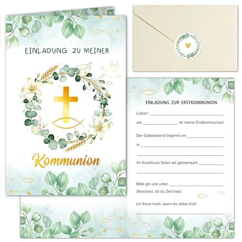 Dercylele Einladungskarten Kommunion,12 Einladungskarten Konfirmation mit Umschlägen Aufkleber,Erstkommunion Konfirmation Einladung für Jungen Mädchen