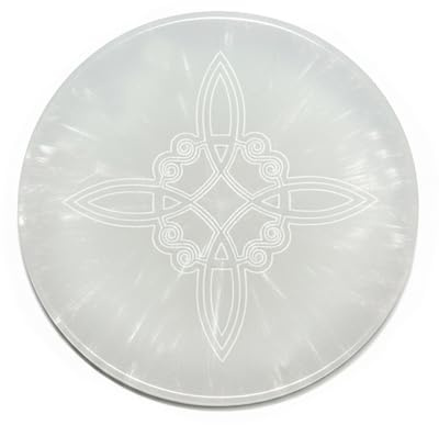 Placa redonda de Selenita Natural, 10 cm, Disco de carga circular cristal con Grabados Místicos, para Meditación y Energía, Nudo de Bruja, 7 Chakras, Flor de la Vida (Nudo de Bruja Blanca)