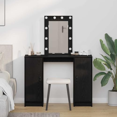 Holepyr Tocador con puerta negro 102 x 33 x 135 cm de madera con espejo plano e iluminación LED, espacio de almacenamiento para cosméticos, tocador moderno para dormitorio y vestidor