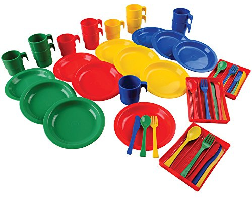 Constructive Playthings Indestructible Play Dishes Service for 12 Includes 3 Place Settings of Cups, 6 1/2 diam. Plates and Silverware Each in 4 Colors for Ages 19 Months and Up