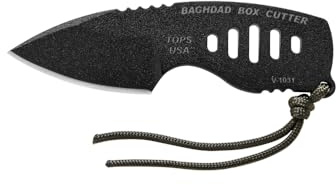 TOPS Knives Baghdad Box Cutter Full Tang Fixed Blade-Black Traction Coating Blade Finish- Black Kydex Sheath w/Multi-Position Spring Steel (Skeletonized Handle)